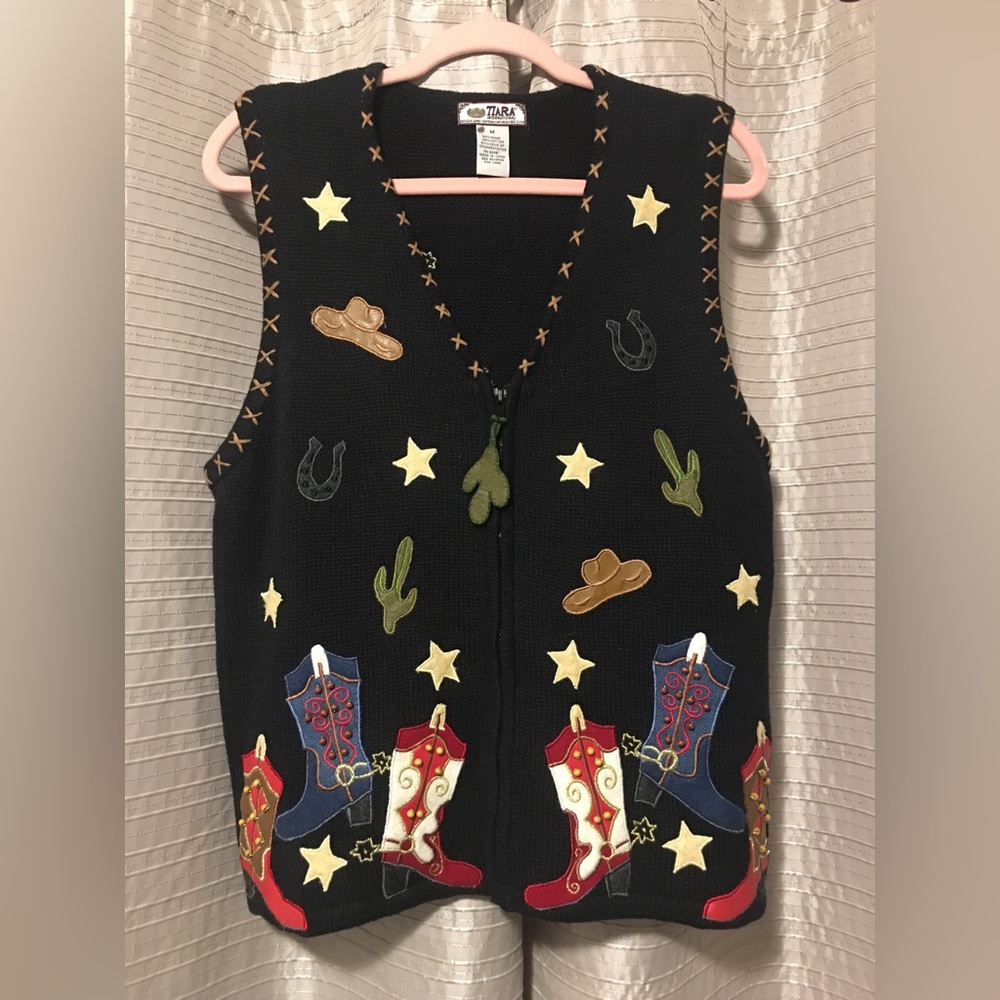 Vintage Tiara International Sweater Vest Western Cowboy Cowgirl Cactus Medium